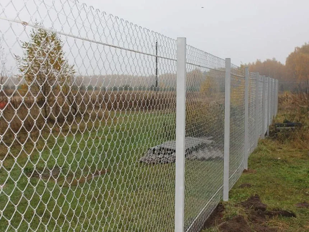 Забор из белой сетки рабицы для дачи